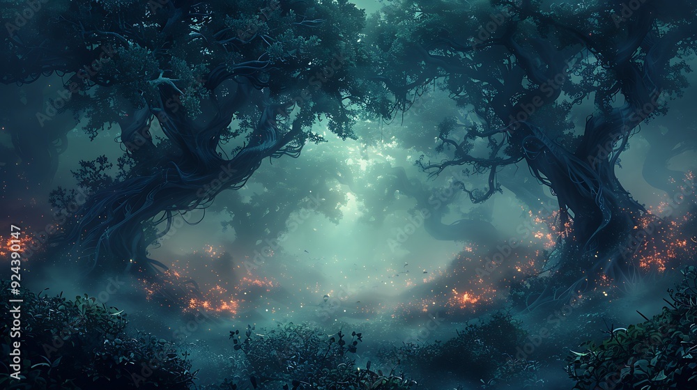 Obraz premium A dark and mysterious swamp with twisted, gnarled trees and eerie glowing plants, fog swirling around, and hidden creatures lurking in the shadows, a spooky and magical atmosphere,