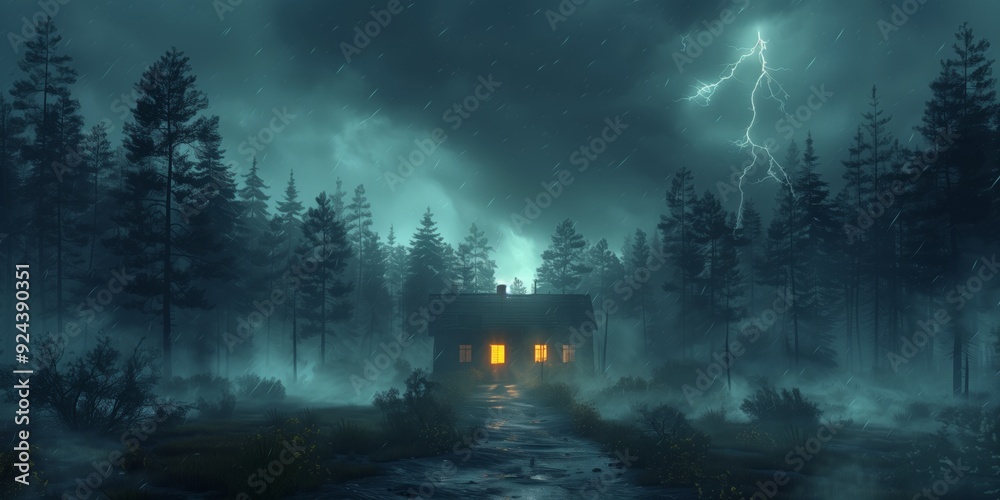 Lightning in the stormy sky above the lonely forest house at night. Scary old hut with light in window at thunderstorm. Lightning in the stormy sky above the lonely forest house at night. Scary old hut with light in window at thunderstorm.