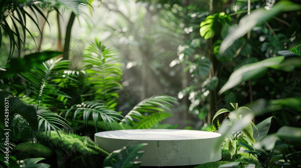 A small, white pedestal is surrounded by lush green foliage A small, white pedestal is surrounded by lush green foliage