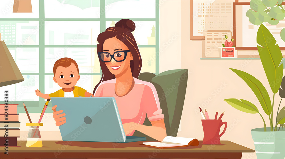 Mother with small baby working from homeoffice, typing on laptop. Mom paying bills online, holding small baby. Mother with small baby working from homeoffice, typing on laptop. Mom paying bills online, holding small baby.