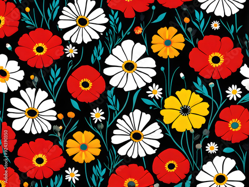 argyle daisy poppy marigolds pattern overlay in bright jewel tones black white cartoon drawing	