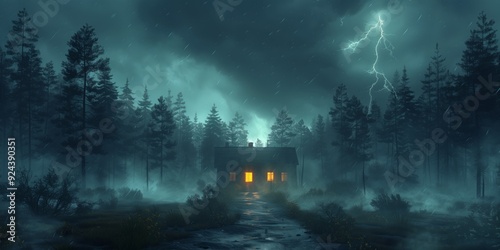 Lightning in the stormy sky above the lonely forest house at night. Scary old hut with light in window at thunderstorm. photo