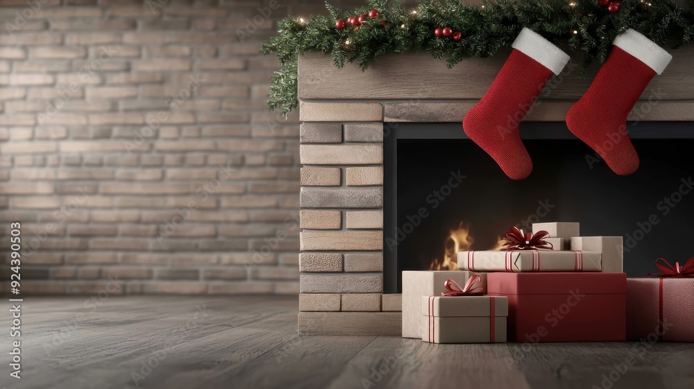 Obraz premium Traditional brick fireplace adorned with Christmas decorations.
