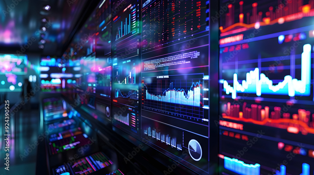 Neon-lit stock exchange monitors with interactive touch controls, depicting the future of trading Neon-lit stock exchange monitors with interactive touch controls, depicting the future of trading