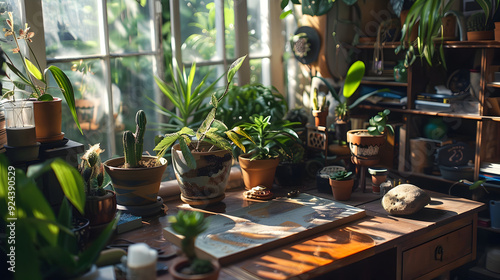 Nature-Inspired Desk: A desk covered with potted plants, nature-themed accessories, and a hand-painted rock near the corner, evoking a peaceful outdoor atmosphere