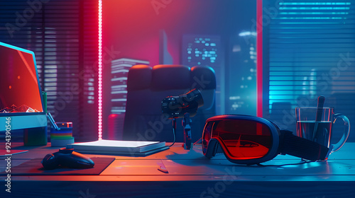 Neuromancer's Futuristic Desk: Minimalist workstation adorned with a VR headset, sunglasses, and a closed book, hinting at the cyberpunk-inspired world photo