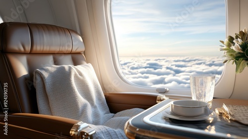 Luxurious first-class airplane cabin with spacious leather seats and panoramic window.