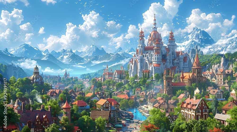 Fototapeta premium A magical city with soaring spires, floating ships, and diverse inhabitants, bustling streets filled with market stalls, vibrant architecture, and magical creatures,