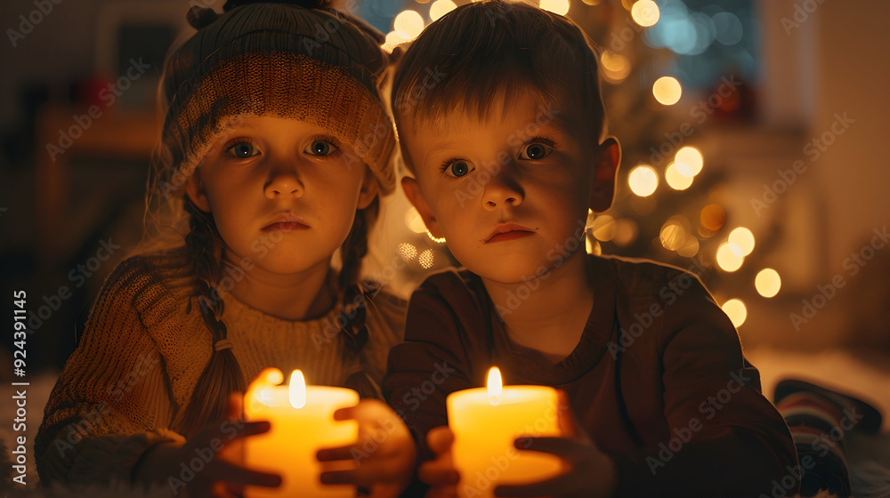 Portrait of small girl and boy indoors at home at Christmas, holding candles.