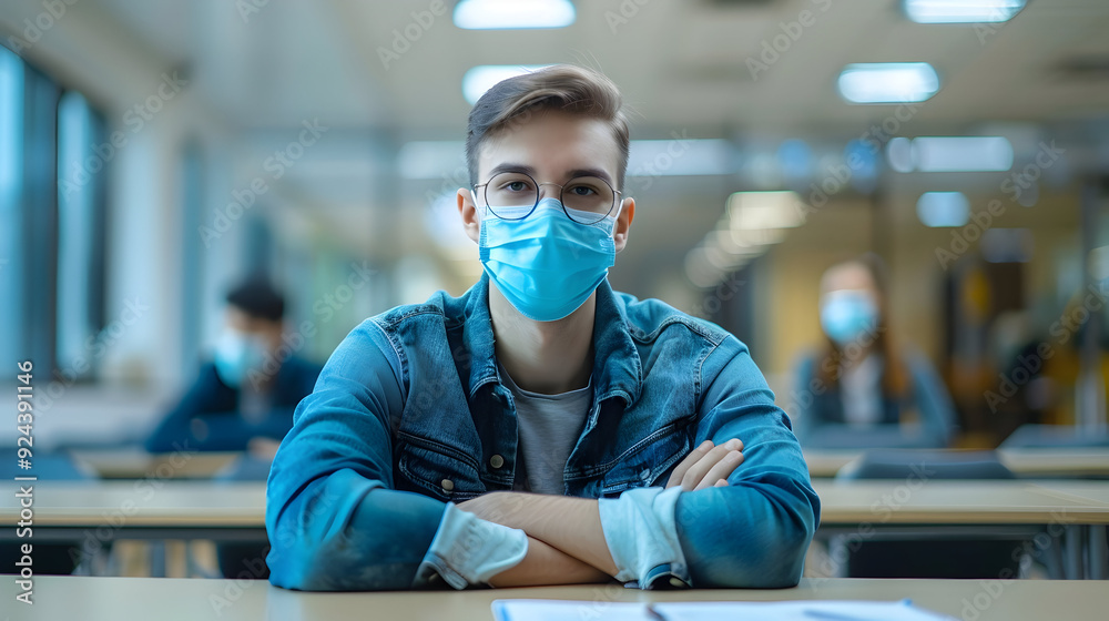 Portrait of university student in classroom indoors, coronavirus and back to normal concept Portrait of university student in classroom indoors, coronavirus and back to normal concept