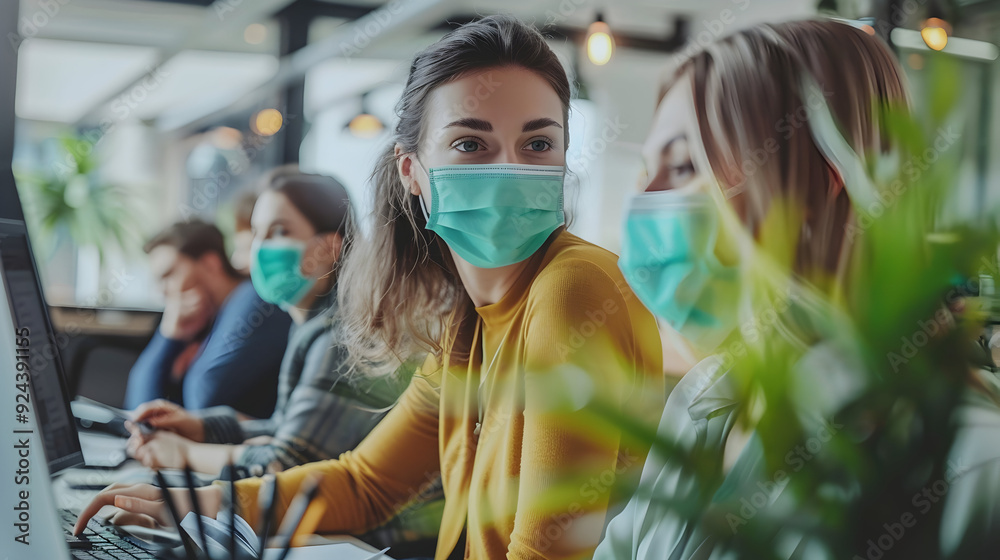 Portrait of young businesspeople with face masks working indoors in office. Portrait of young businesspeople with face masks working indoors in office.