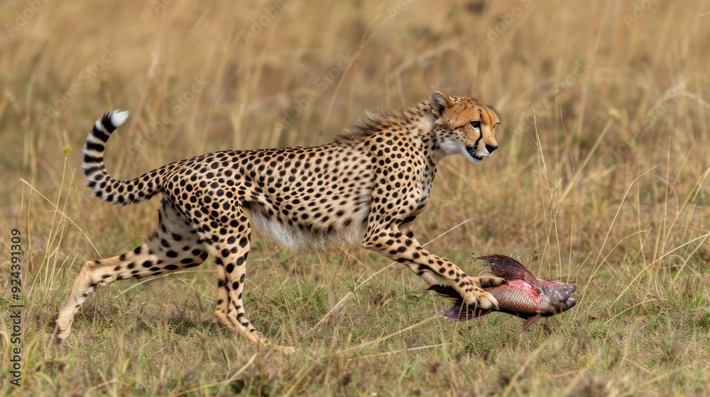 Cheetah holding a fish in its paws. Cheetah holding a fish in its paws.