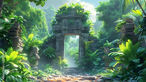 Fototapeta Naklejka Na Ścianę i Meble -  A magical jungle scene with ancient ruins, overgrown vines, and crumbling statues, hidden treasures glinting in the sunlight, surrounded by dense foliage and exotic plants,