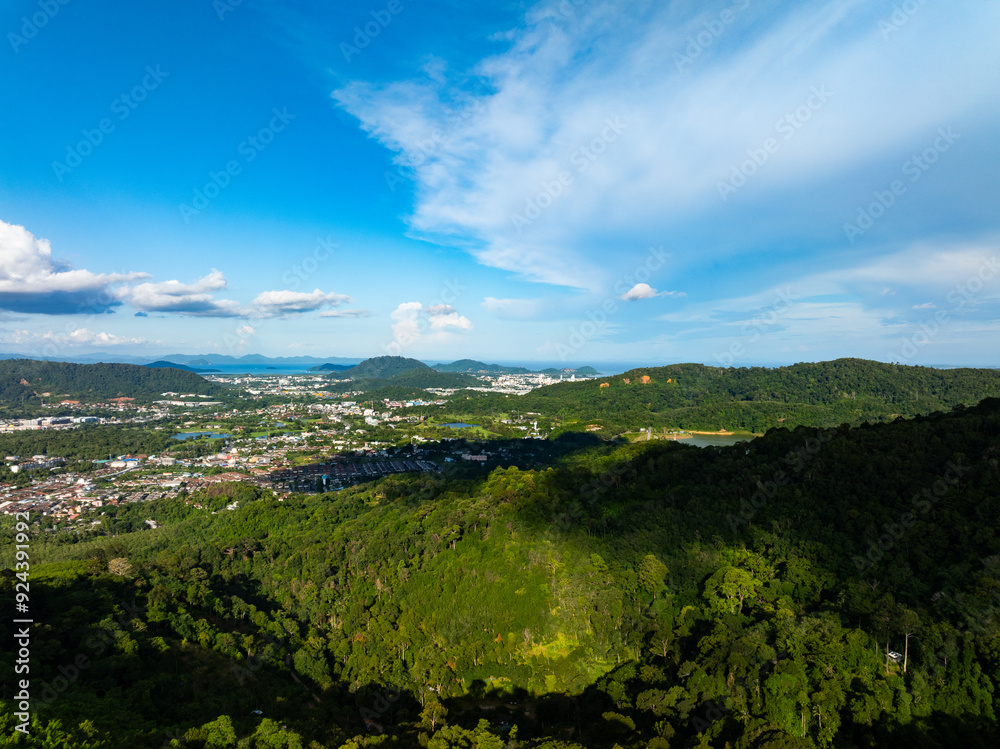 Fototapeta premium Aerial view drone shot of Mountains Forest trees nature environment background