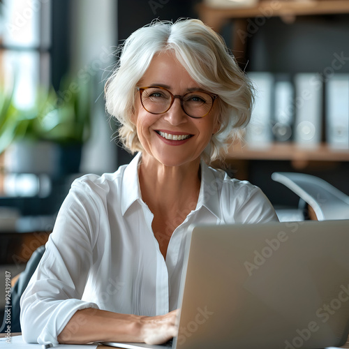 Smiling mature business woman executive working in office using laptop. Happy professional senior middle aged female worker wearing glasses and white shirt using computer sitting at work desk.