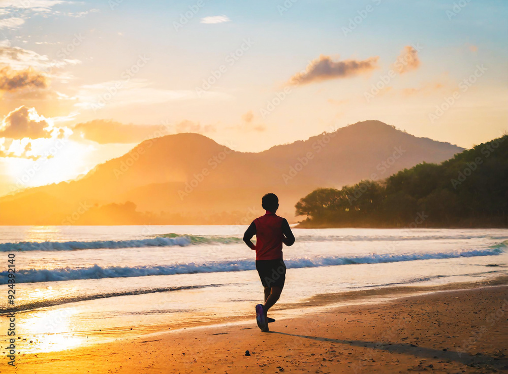 Silhouette of a man jogging on the morning beach Silhouette of a man jogging on the morning beach