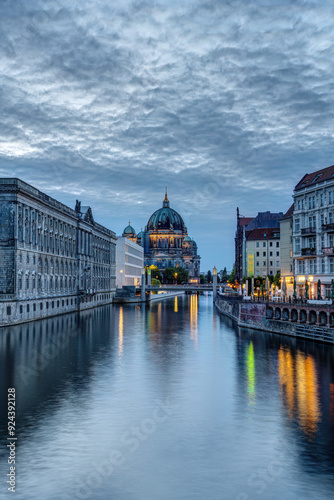 The Nikolaiviertel, the river Spree and the Cathedral in Berlin at dusk
