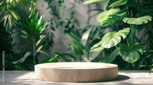 A wooden table with a round top and a green background