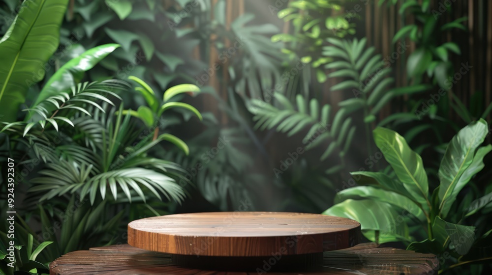 A wooden table with a round top and a green background A wooden table with a round top and a green background