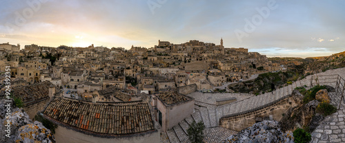 Panorama of the historic old town of Matera in southern Italy after sunset