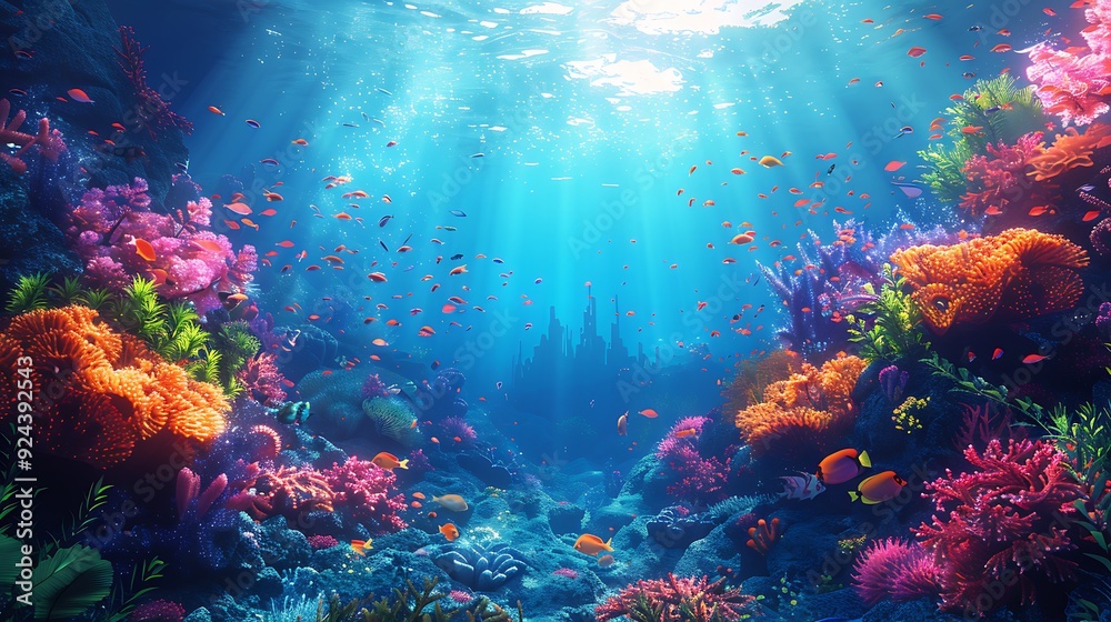 Obraz premium A magical underwater landscape featuring a colorful coral reef, schools of exotic fish, and a hidden mermaid city in the background, seaweed and plants swaying with the water,