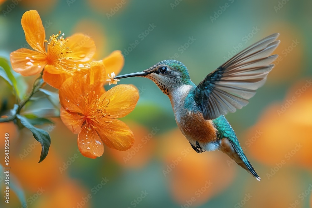 Naklejka premium Hummingbird Feeding on Orange Flowers