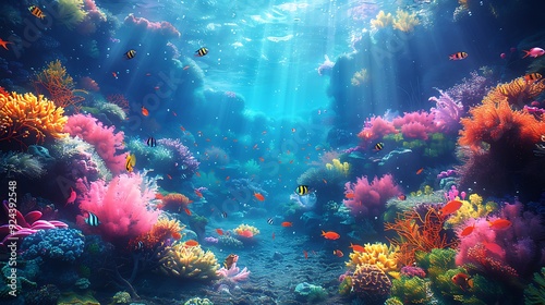 A magical underwater landscape featuring a colorful coral reef, diverse exotic fish, and a hidden mermaid city in the background, seaweed and plants swaying with the water, under the rays of sunlight,