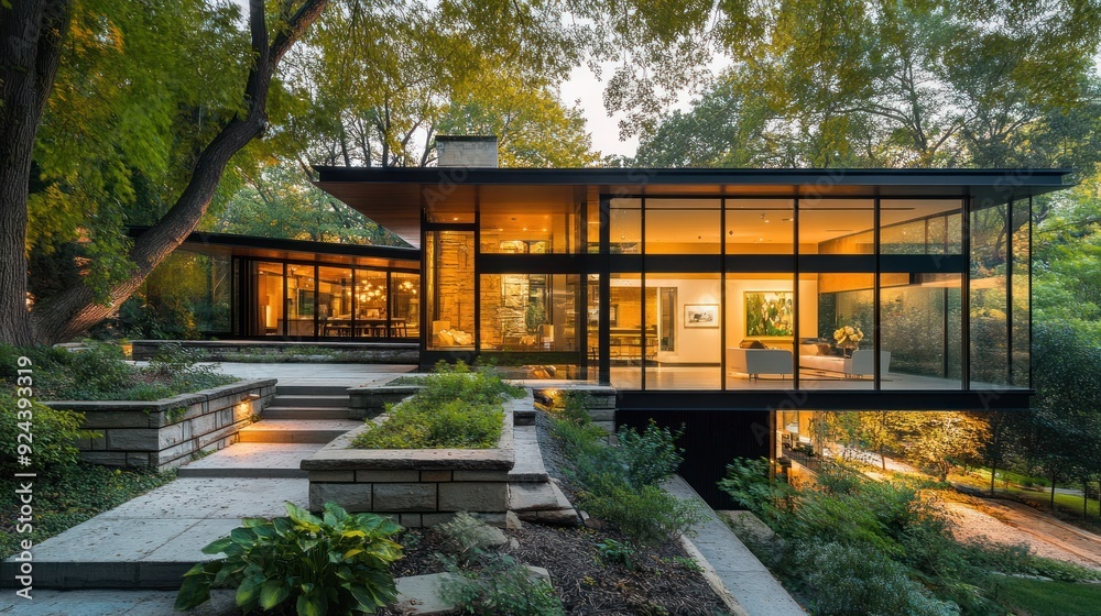 Modern Glass House with Stone Steps and Lush Greenery Modern Glass House with Stone Steps and Lush Greenery