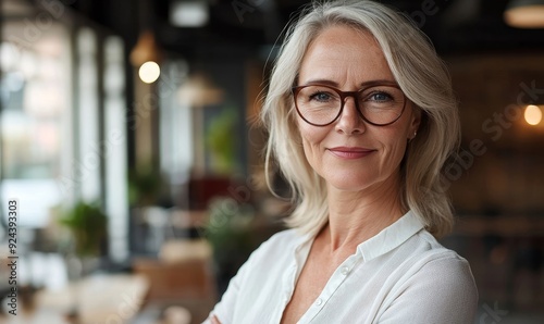 Mature business woman looking at camera indoors at work with space. Senior smiling European 50s 60s years businesswoman professional standing confident in modern coworking, Generative AI