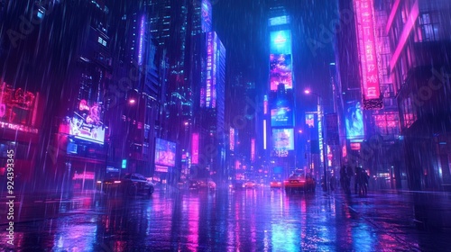 Wallpaper Mural Neon-lit City Street Bathed in Rain Torontodigital.ca