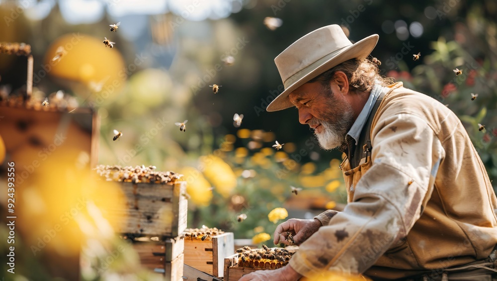 A dedicated beekeeper attends to his hives, surrounded by buzzing bees and vibrant flowers, creating a lively interaction with nature that inspires sustainability and harmony. A dedicated beekeeper attends to his hives, surrounded by buzzing bees and vibrant flowers, creating a lively interaction with nature that inspires sustainability and harmony.