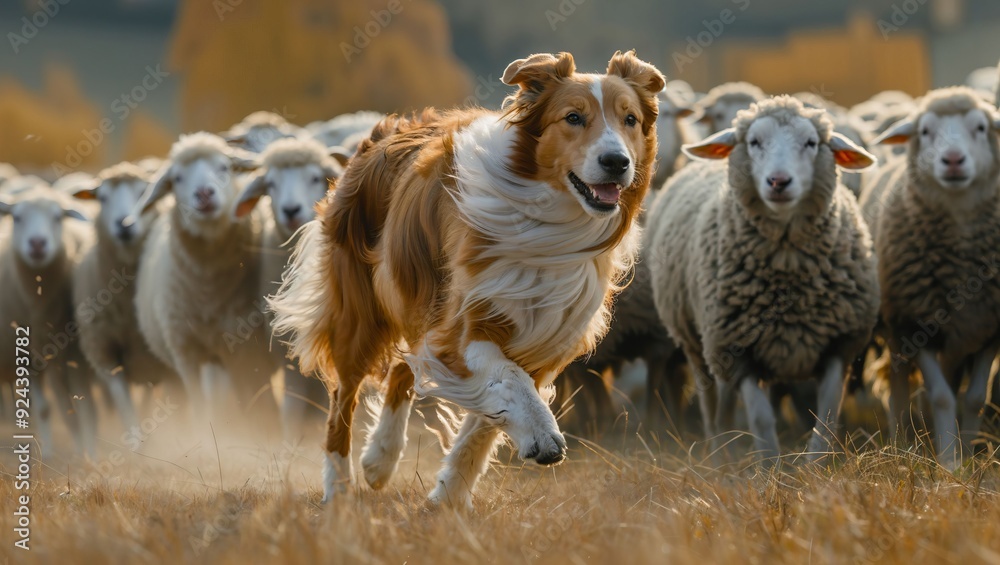 A Joyful Collie Leads a Flock of Sheep Through Golden Fields, Showcasing the Bond Between Animals in a Scenic and Energetic Atmosphere of Rural Life and Nature's Beauty. A Joyful Collie Leads a Flock of Sheep Through Golden Fields, Showcasing the Bond Between Animals in a Scenic and Energetic Atmosphere of Rural Life and Nature's Beauty.
