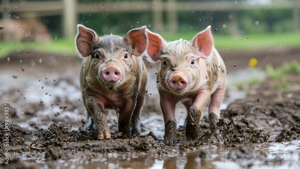 Two adorable piglets joyfully splash through muddy puddles, showcasing their playful spirit and innocence amid a vibrant, rustic farm backdrop filled with greenery. Two adorable piglets joyfully splash through muddy puddles, showcasing their playful spirit and innocence amid a vibrant, rustic farm backdrop filled with greenery.
