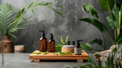 A wooden tray with three bottles of lotion and a bottle of perfume