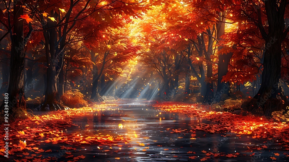 A serene autumn forest path lined with vibrant leaves, golden and red hues, a gentle stream flowing alongside, trees creating a canopy overhead, sunlight casting a warm glow, A serene autumn forest path lined with vibrant leaves, golden and red hues, a gentle stream flowing alongside, trees creating a canopy overhead, sunlight casting a warm glow,