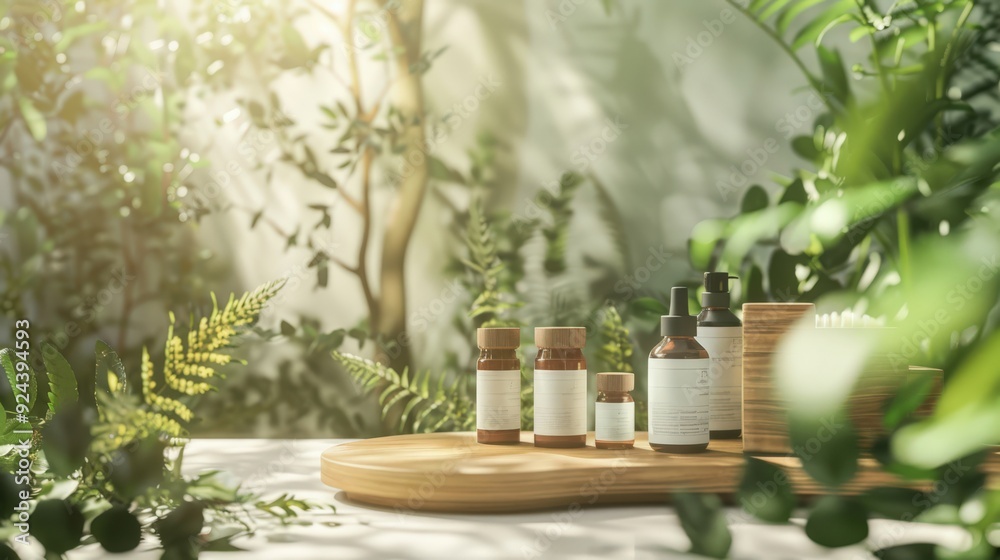 A wooden tray with several bottles of different sizes and colors A wooden tray with several bottles of different sizes and colors