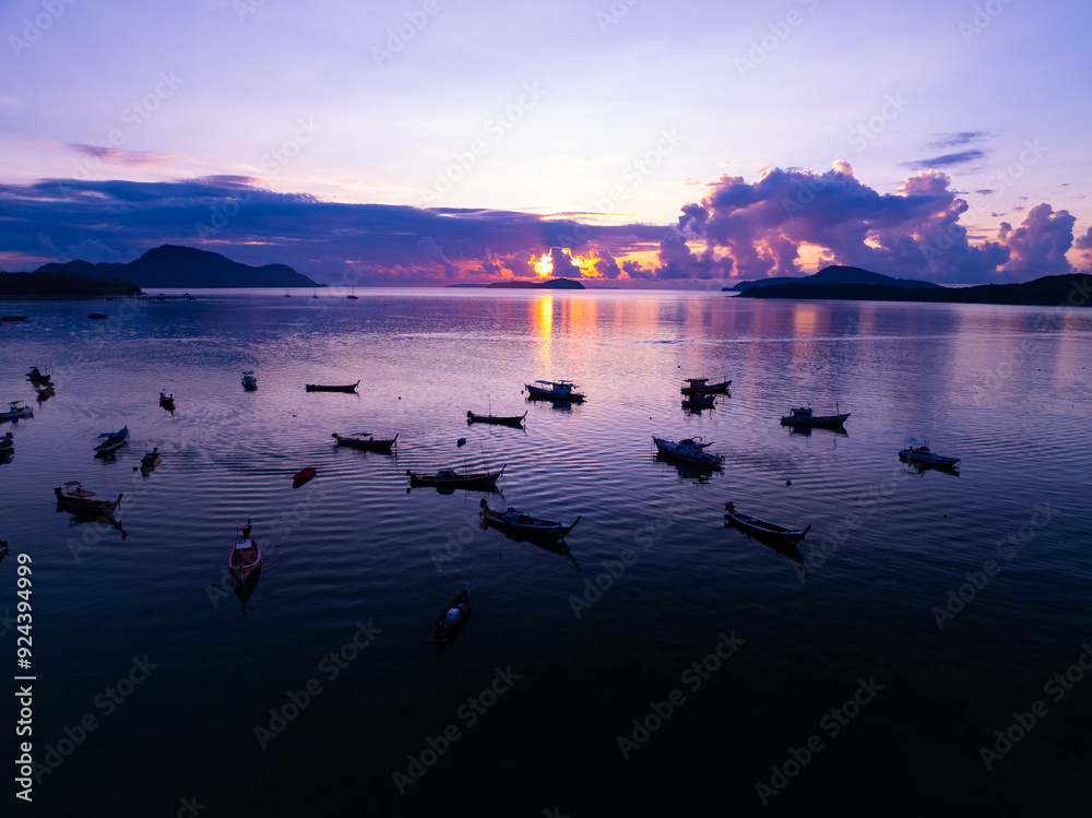 Landscape Aerial view of majestic clouds in the sky sunset or sunrise over sea with reflection in the tropical sea.Beautiful landscape scenery.Amazing light of nature Landscape nature background