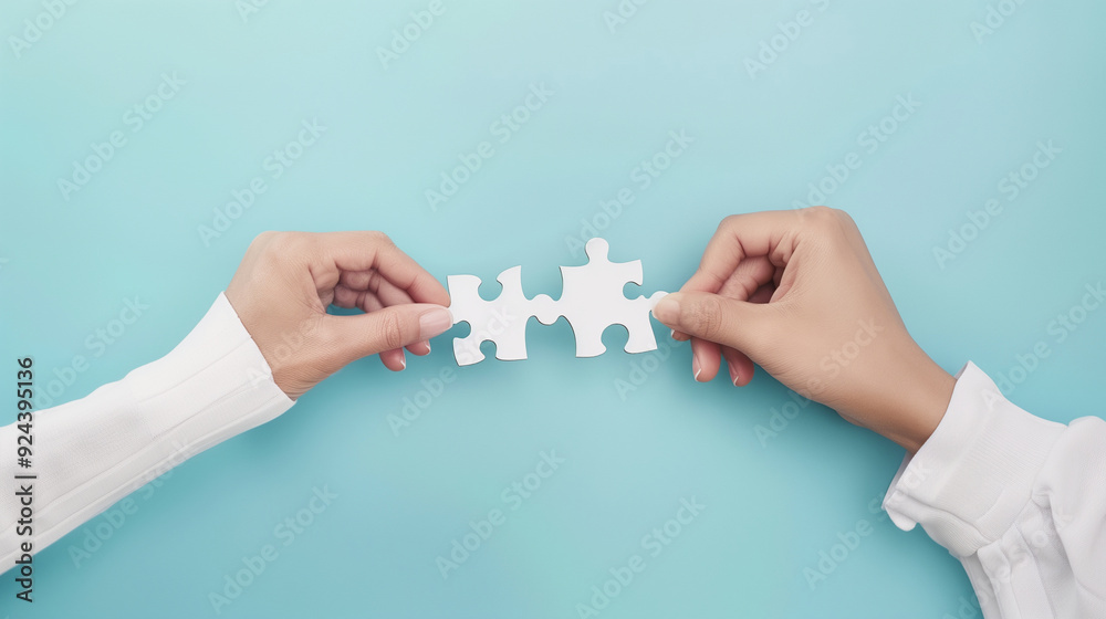 Two hands connecting puzzle pieces against a soft blue background.