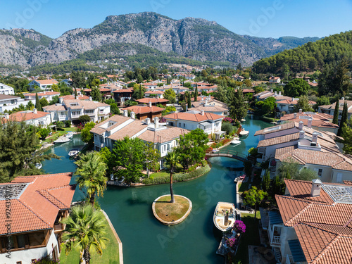 Gocek Marina and Gocek City Drone Photo, Gocek Fethiye, Mugla Turkiye (Turkey) photo