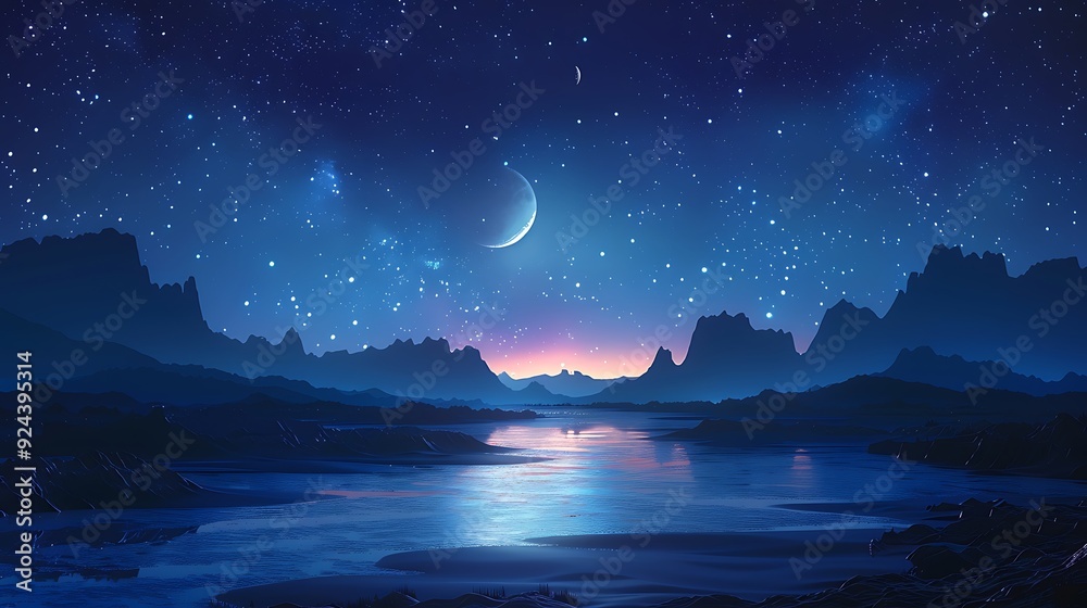 A tranquil night scene with a star-filled sky, a crescent moon shining down, and silhouetted mountains in the distance, with a peaceful and magical atmosphere, bright cartoon style, hd quality, A tranquil night scene with a star-filled sky, a crescent moon shining down, and silhouetted mountains in the distance, with a peaceful and magical atmosphere, bright cartoon style, hd quality,