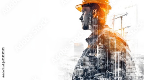 A man in a hard hat stands in front of a city skyline