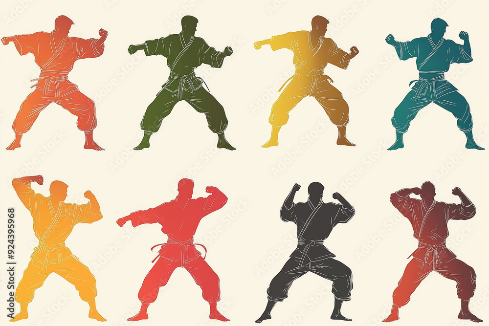Dynamic silhouettes of martial artists striking poses in a vibrant montage at sunset, showcasing the beauty of Taekwondo in motion Dynamic silhouettes of martial artists striking poses in a vibrant montage at sunset, showcasing the beauty of Taekwondo in motion