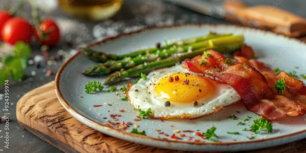 Plate with Orsini Egg Asparagus and Bacon on the Table Plate with Orsini Egg Asparagus and Bacon on the Table