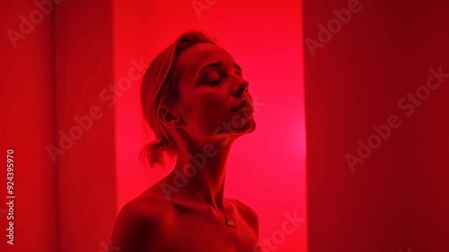 A woman is standing in a red room with a red background. She is looking at the camera with a serious expression. Scene is intense and focused