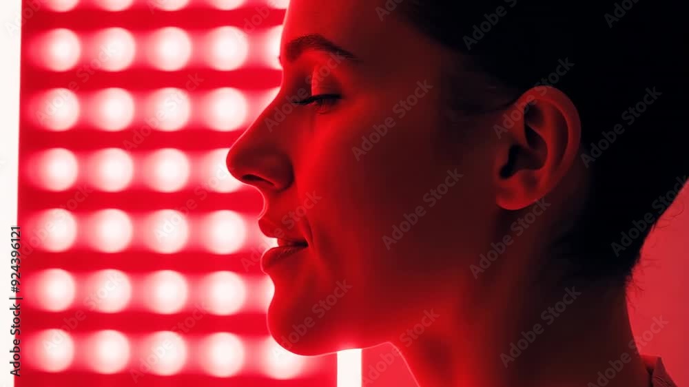 A woman's face is shown in a red background. The woman's face is in focus, and her mouth is closed. The image has a moody and mysterious feel to it, as if the woman is deep in thought or contemplation