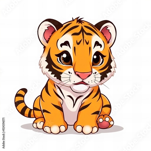 cartoon tiger sitting down with eyes wide open.