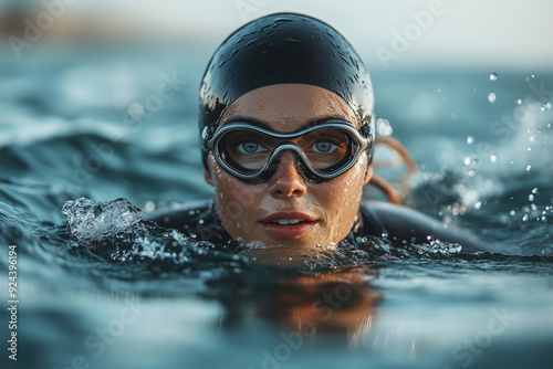 A triathlete prepares for a wild sea swim during training in a dynamic coastal landscape