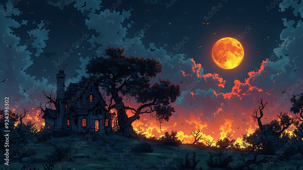 An eerie haunted mansion on a hill, with overgrown vines, twisted trees, and bats circling under a full moon, a ghostly and foreboding atmosphere, vibrant cartoon style, hd quality, natural look. An eerie haunted mansion on a hill, with overgrown vines, twisted trees, and bats circling under a full moon, a ghostly and foreboding atmosphere, vibrant cartoon style, hd quality, natural look.