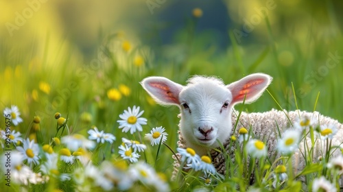 Cute Lamb in a Meadow of Daisies.