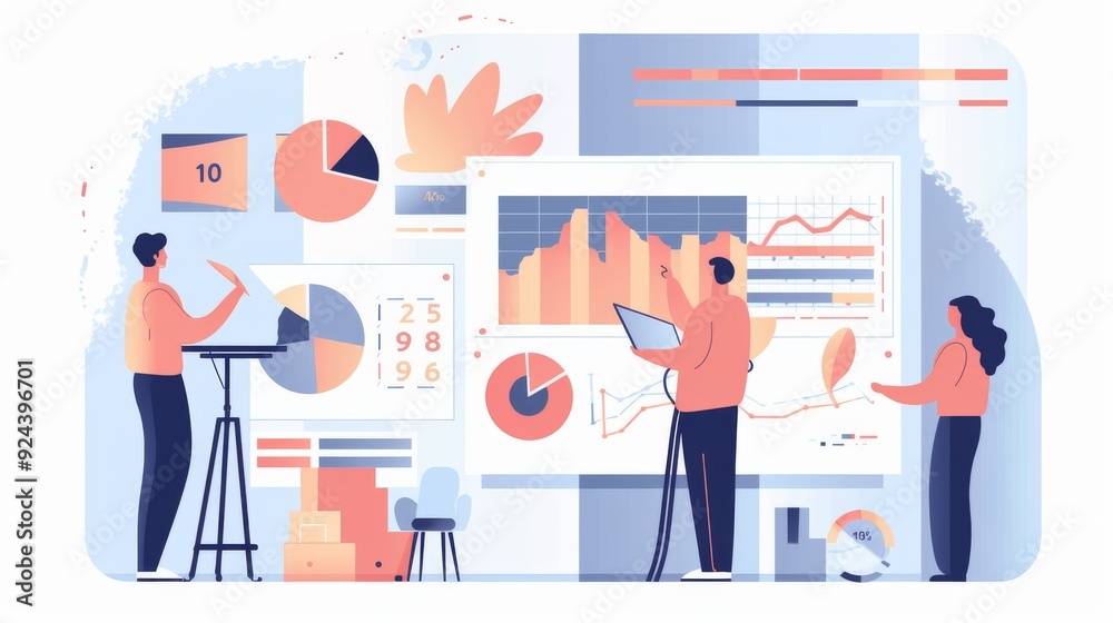 A group of people are working on a presentation with graphs and charts